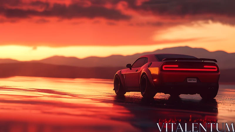 Widebody red muscle car on wet salt flats at sunset horizon