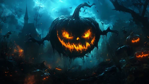 Menacing jack o’ lantern spirit lighting a haunted forest.
