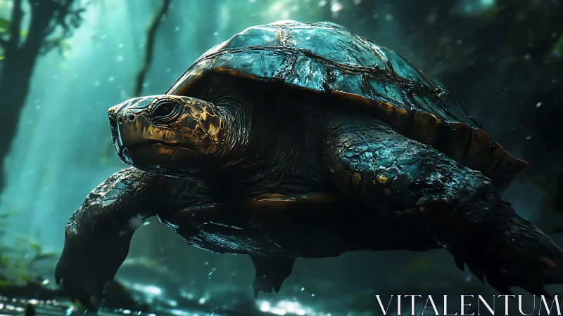 Luminescent forest turtle gliding through teal misted waters.