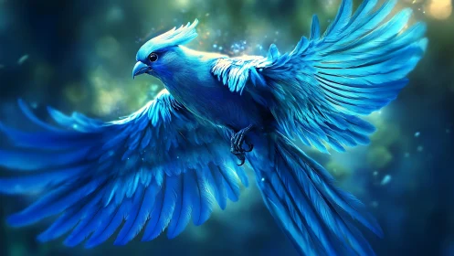 Vibrant Blue Fantasy Bird in Flight, Glowing Artistic Style.