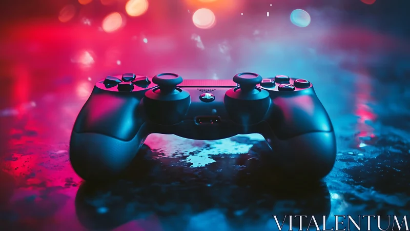 Game controller on wet surface under neon studio lighting.