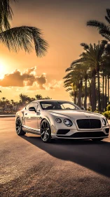 Sunlit luxury coupe under palm-lined boulevard dusk.