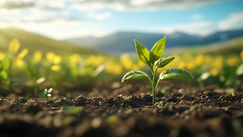Young green plant sprout in soil under warm sunrise light.