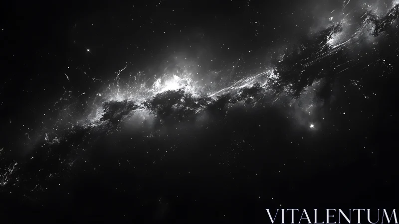 Monochrome galactic nebula streak cuts through deep void.