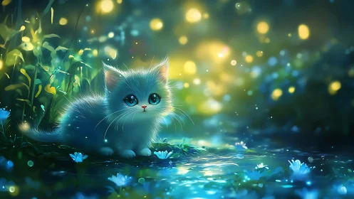 White kitten in luminous garden with bokeh lighting and flora.