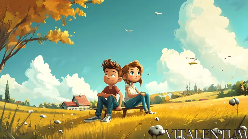 Two Young Figures Contemplating Golden Landscape with Autumn Foliage.