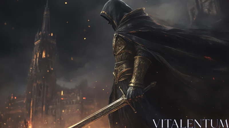 Hooded dark knight with burning gothic city backdrop.