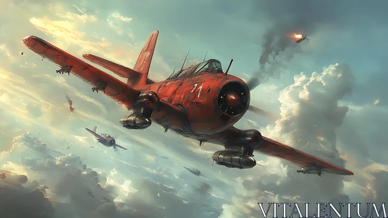 Scarlet warplane cutting through storm-lit battle clouds.