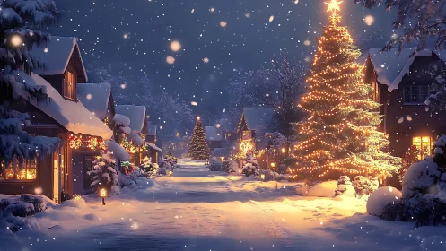 Snowy village glows softly around a radiant Christmas tree