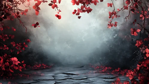 Foggy forest clearing framed by dense red foliage edges