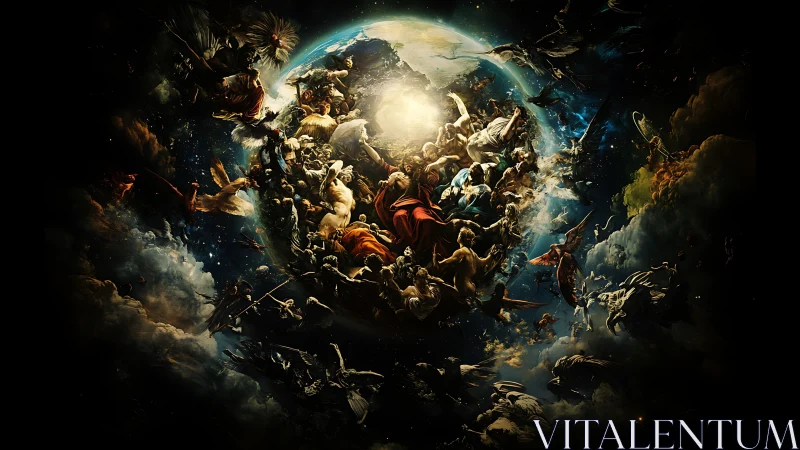 Celestial battle encircling Earth in radiant cosmic storm.