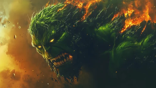 Flaming green monster head erupts through swirling smoke