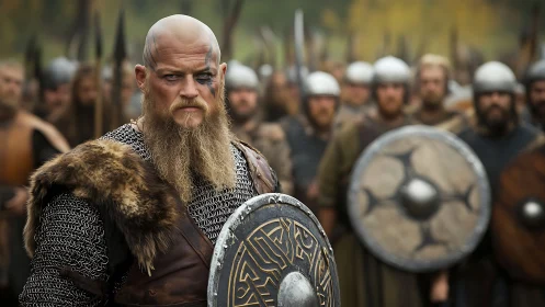 Bearded war chief storms the field with ironclad resolve.