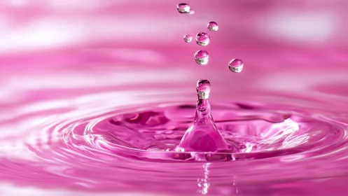 Pink water droplet ballet in a calm shimmering ripple pool.