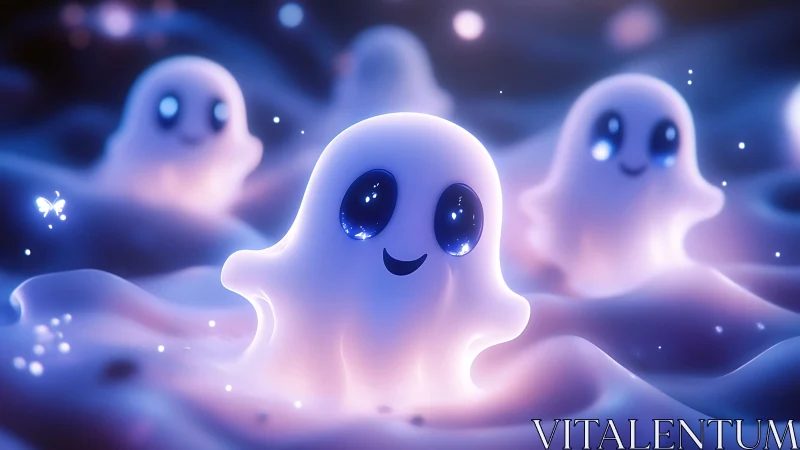 Luminous kawaii ghosts glowing in dreamy pastel fog field.