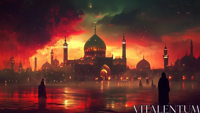 Golden domed city glowing under a fiery twilight sky.