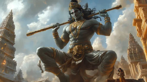 Majestic temple guardian poised above ancient golden towers.