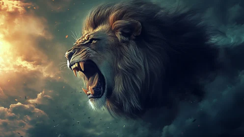 Roaring sky lion crowned by stormlit golden clouds.