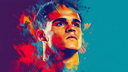 Vibrant digital portrait of young man with abstract color bursts