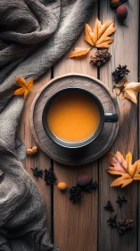 Top-down composition shows spiced autumn tea on rustic wood surface