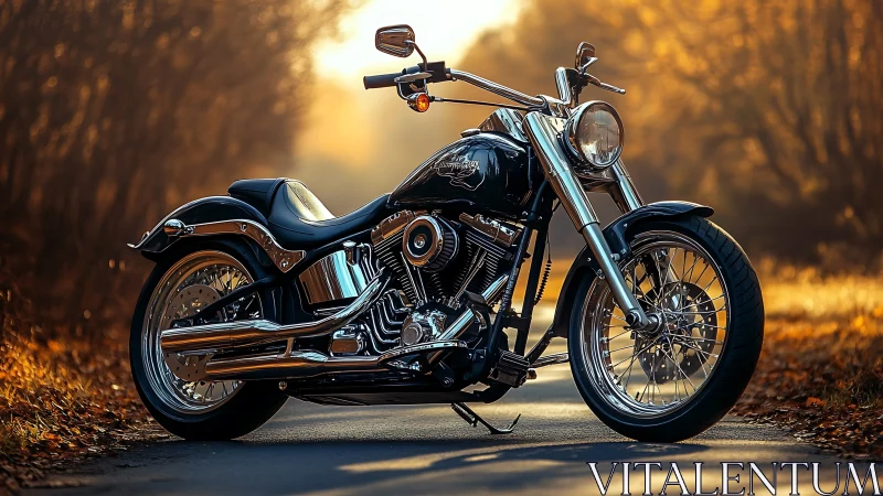 Shining chrome motorcycle waiting on a golden autumn road.