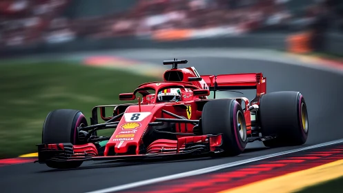 Red Formula 1 car drills apex under vibrant race lighting.