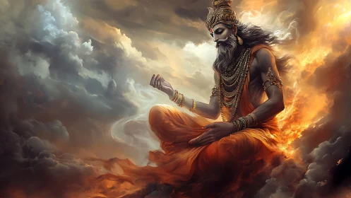 Celestial sage in fiery clouds finding quiet balance.