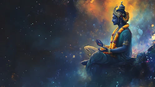 Celestial blue deity resting in a glowing cosmic dreamscape.