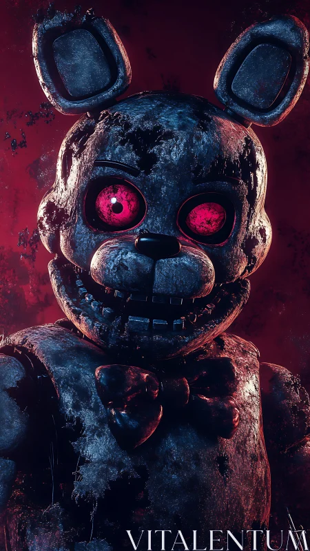 Rusty animatronic rabbit with glowing red eyes in darkness.