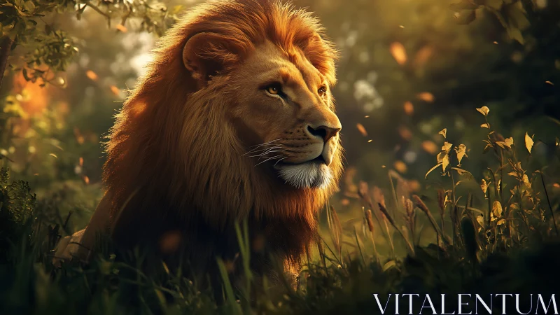 Golden-hour forest monarch resting in a glowing leafstorm.