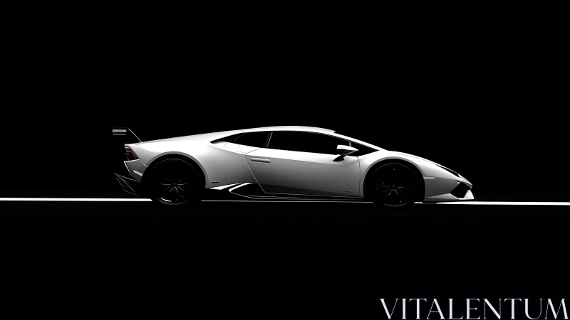 Silver supercar profile on black background in sharp light.