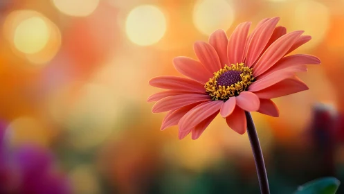 Red Gerbera Daisy Against Warm Bokeh Background.
