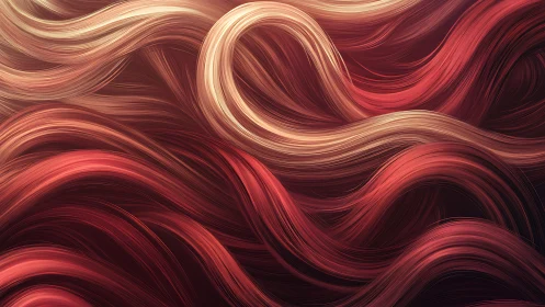 Digital painting of flowing vermilion strands in layered motion.