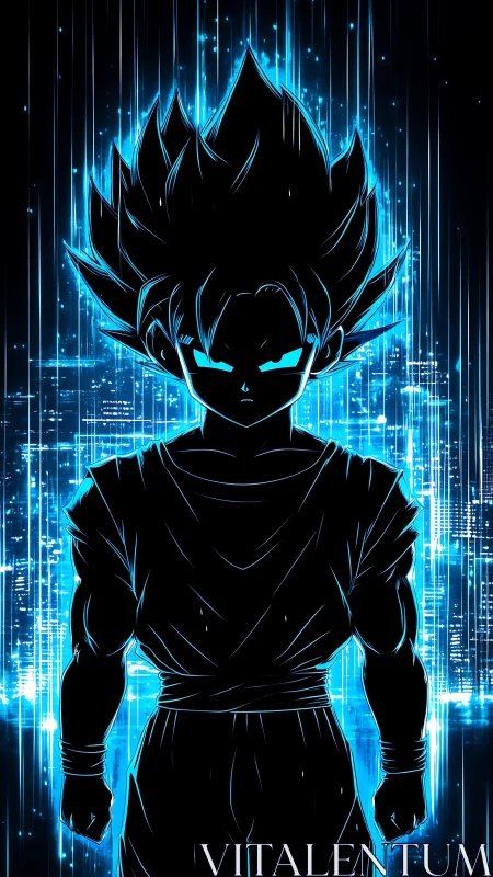 Electric blue anime warrior stands in blazing digital aura