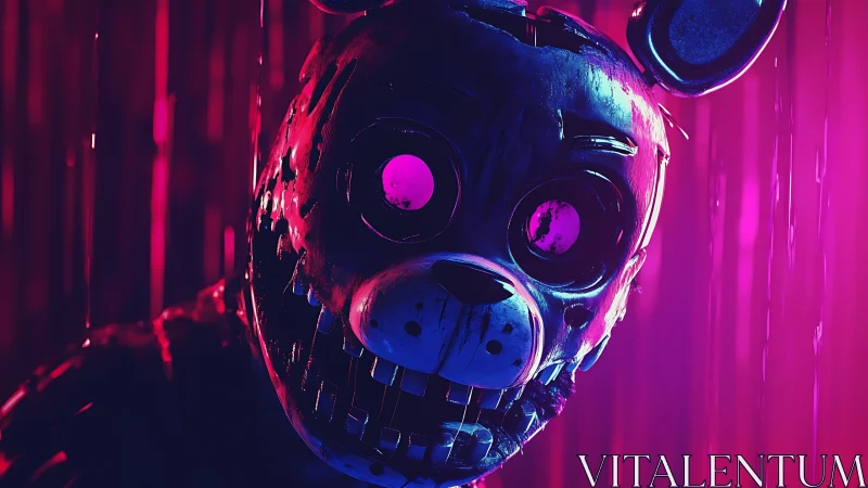 Eerie neon bunny animatronic glowing in moody pink shadows.