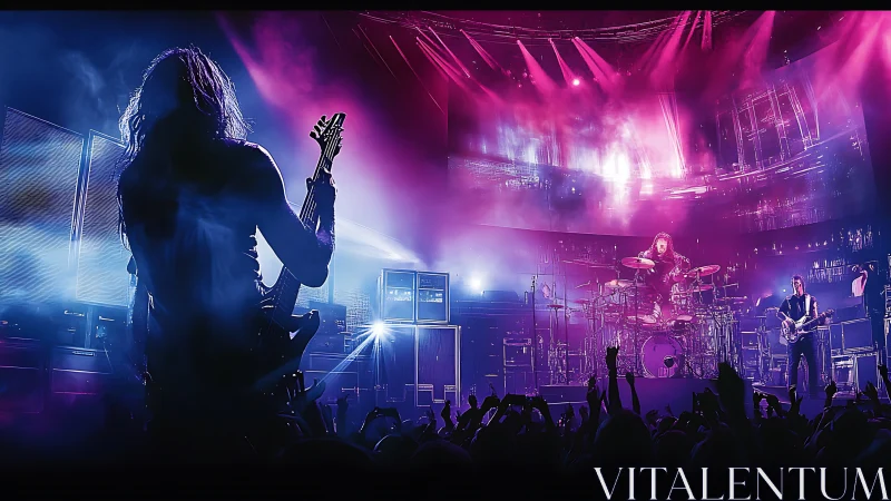 Rock band performing on stage under magenta and blue lights.