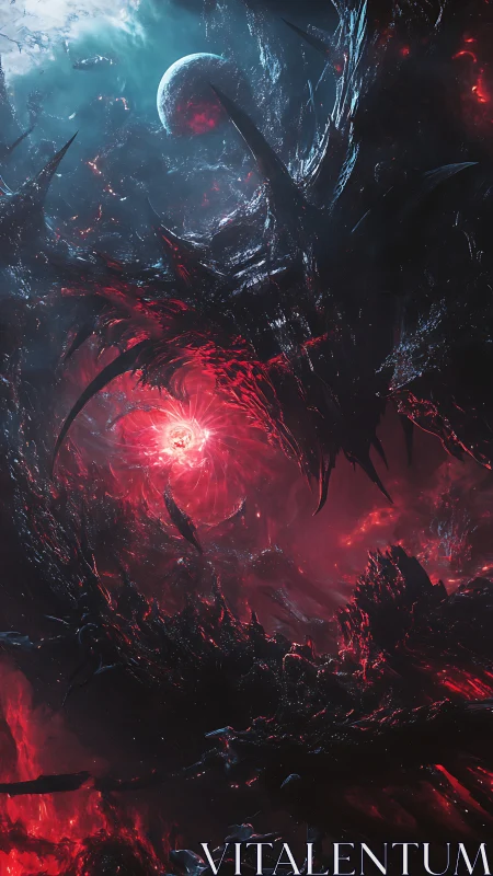 Hostile cosmic vortex around planet with red energy core.