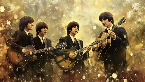 Vintage rock band plays guitars in a dreamy golden haze