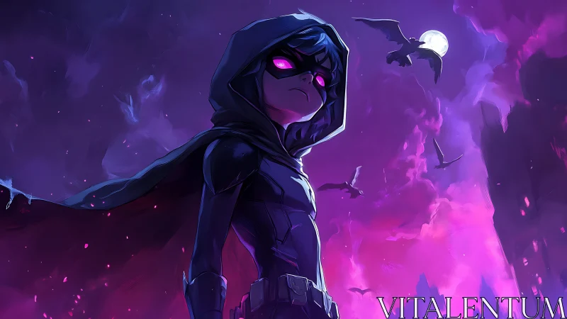 Hooded neon vigilante under moonlit storm of ravens.