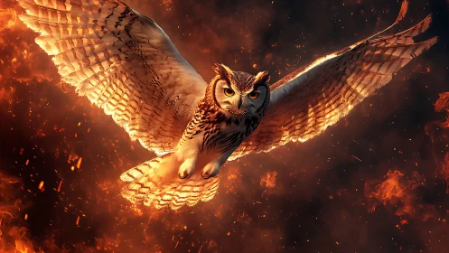 Majestic Owl Soaring Through Flames in Dramatic Digital Art.