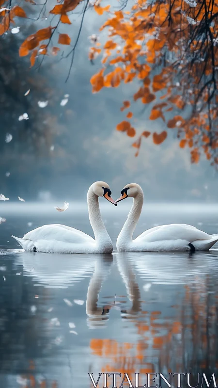 Two white swans forming heart shape in water beneath autumn foliage.