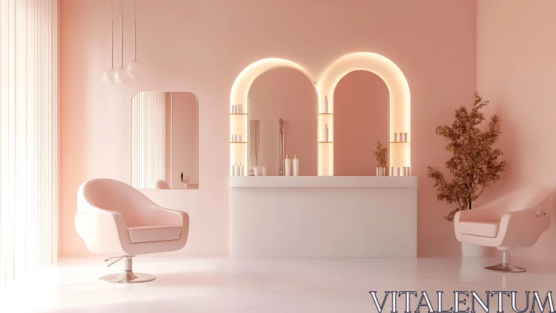 Monochrome blush salon interior with luminous arch shelving.