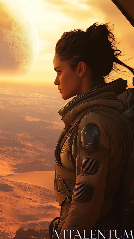 Female astronaut studies sunlit alien desert horizon