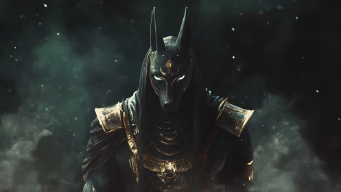 Digital painting of mythic jackal warlord in luminous armor.