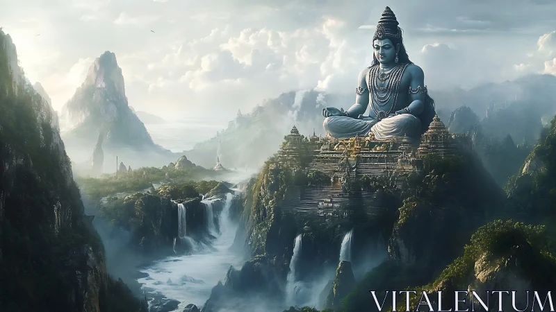 Colossal blue deity watches over misty waterfall kingdom.