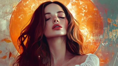 Digital portrait depicts woman before circular orange backdrop