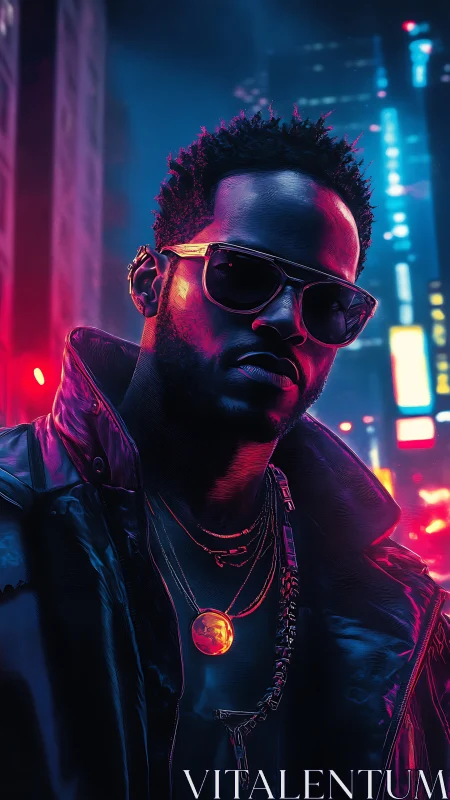 Neon crowned nightwalker in cyberpunk city glow.