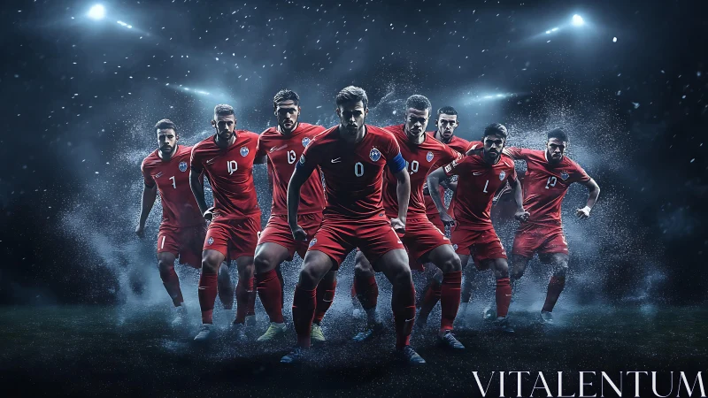 Dynamic football squad emerging through stadium fog.