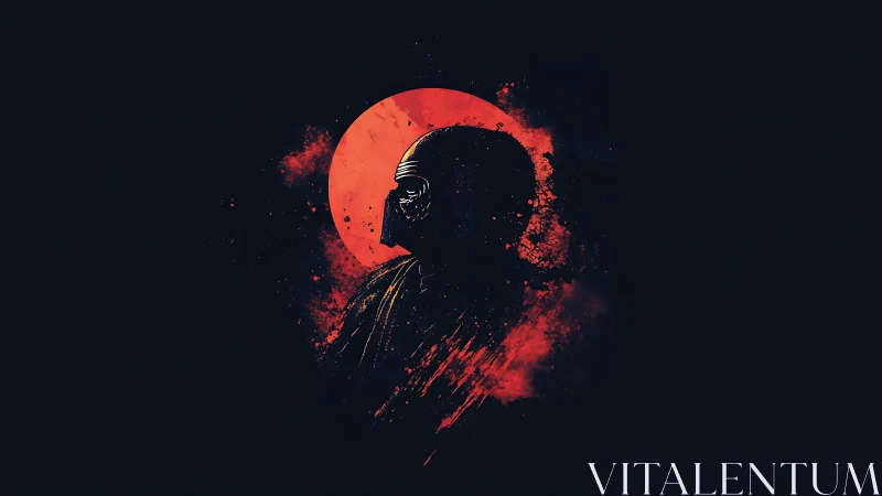 Brooding masked figure under a blazing red moon glow.