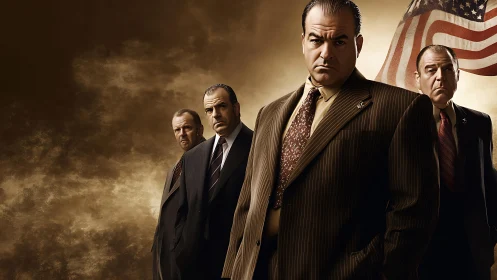 Solemn suited men stand under stormy sky and flag.